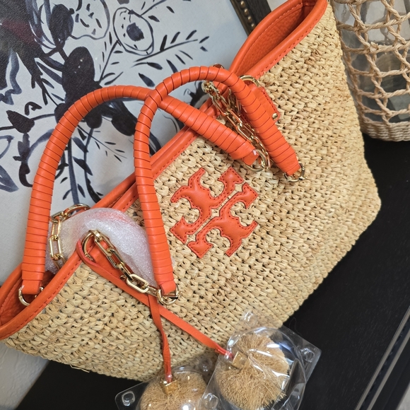 Tory Burch Shoulder Straw Gold Chain Orange and Tan Woven Tote - Picture 5 of 10